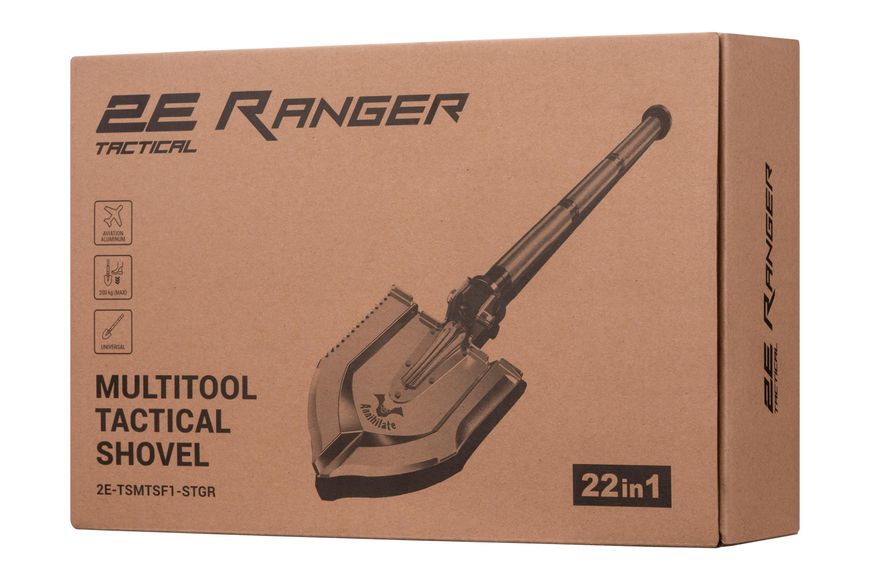 Tactical multitool shovel 2E Ranger Steel Gray collapsible, 22in1, with cover included, 103 cm max.