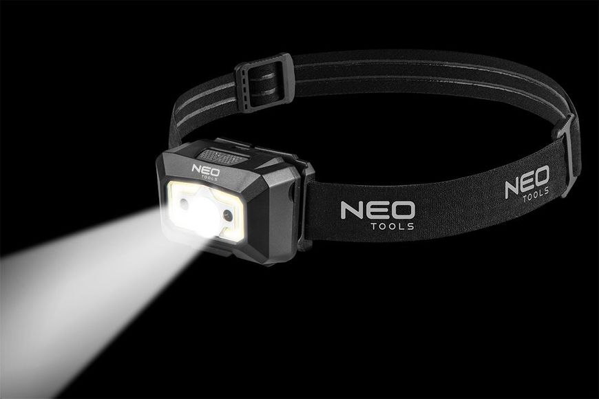 Ліхтар налобний акумуляторний Neo Tools, 1200мА•год, 250лм, 3Вт, 5 функцій освітлення, червоне світло, датчик руху, індикатор заряду