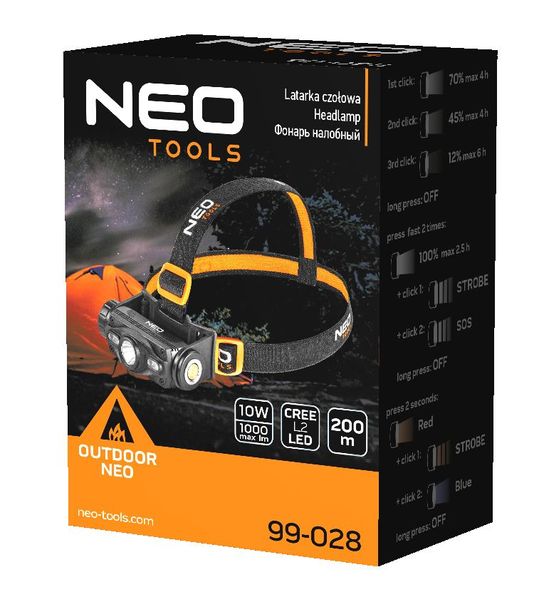 Ліхтар налобний акумуляторний Neo Tools, 2000мА•год, 1000лм, 10Вт, 6 функцій освітлення +червоне та блакитне світло, IP20